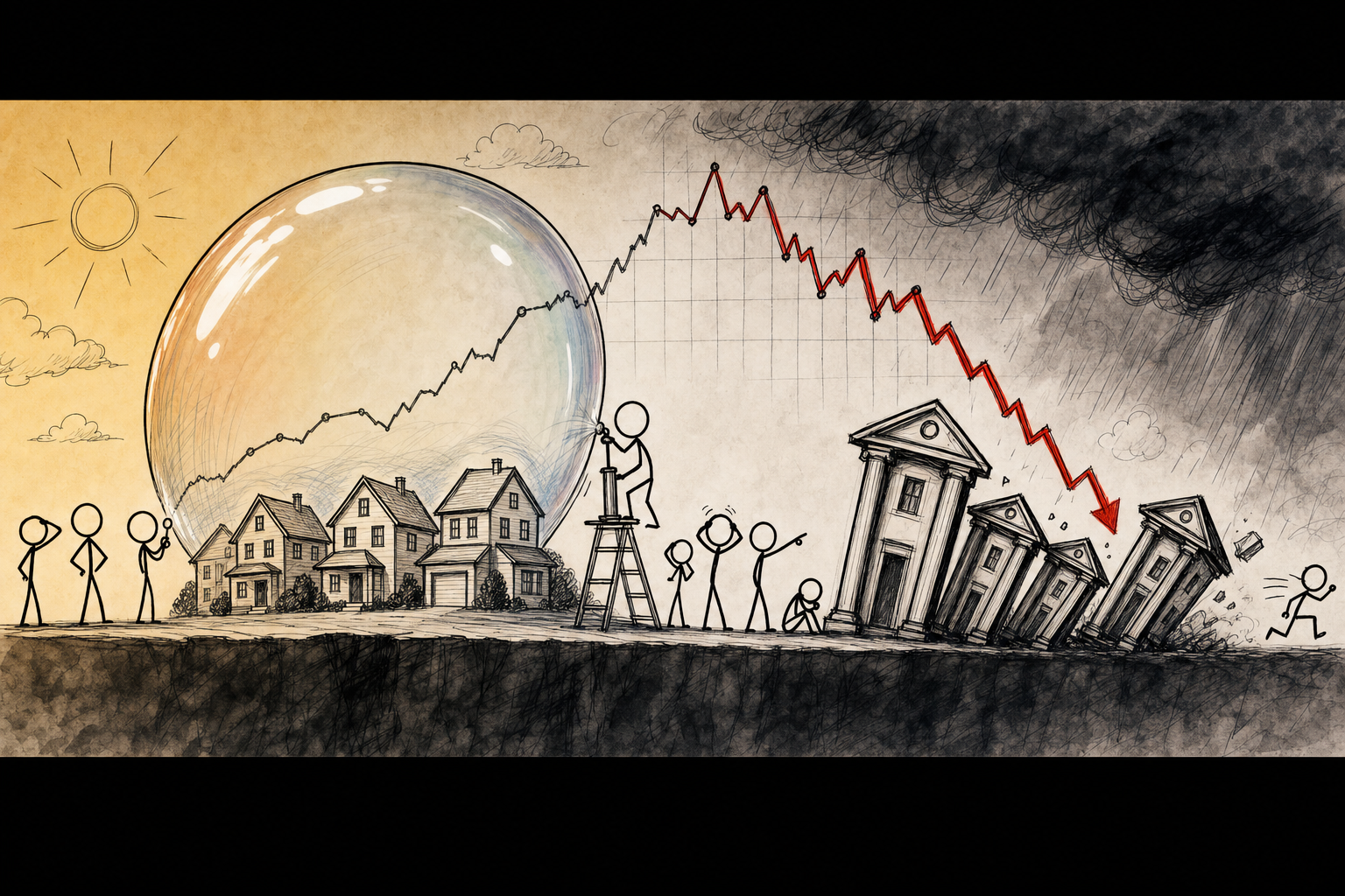 The whole thing nearly collapsed, and it started with a house. We stripped the 2008 crash down to four steps you can follow with a row of stick figures and a few charts — a documentary-style Remotion short.