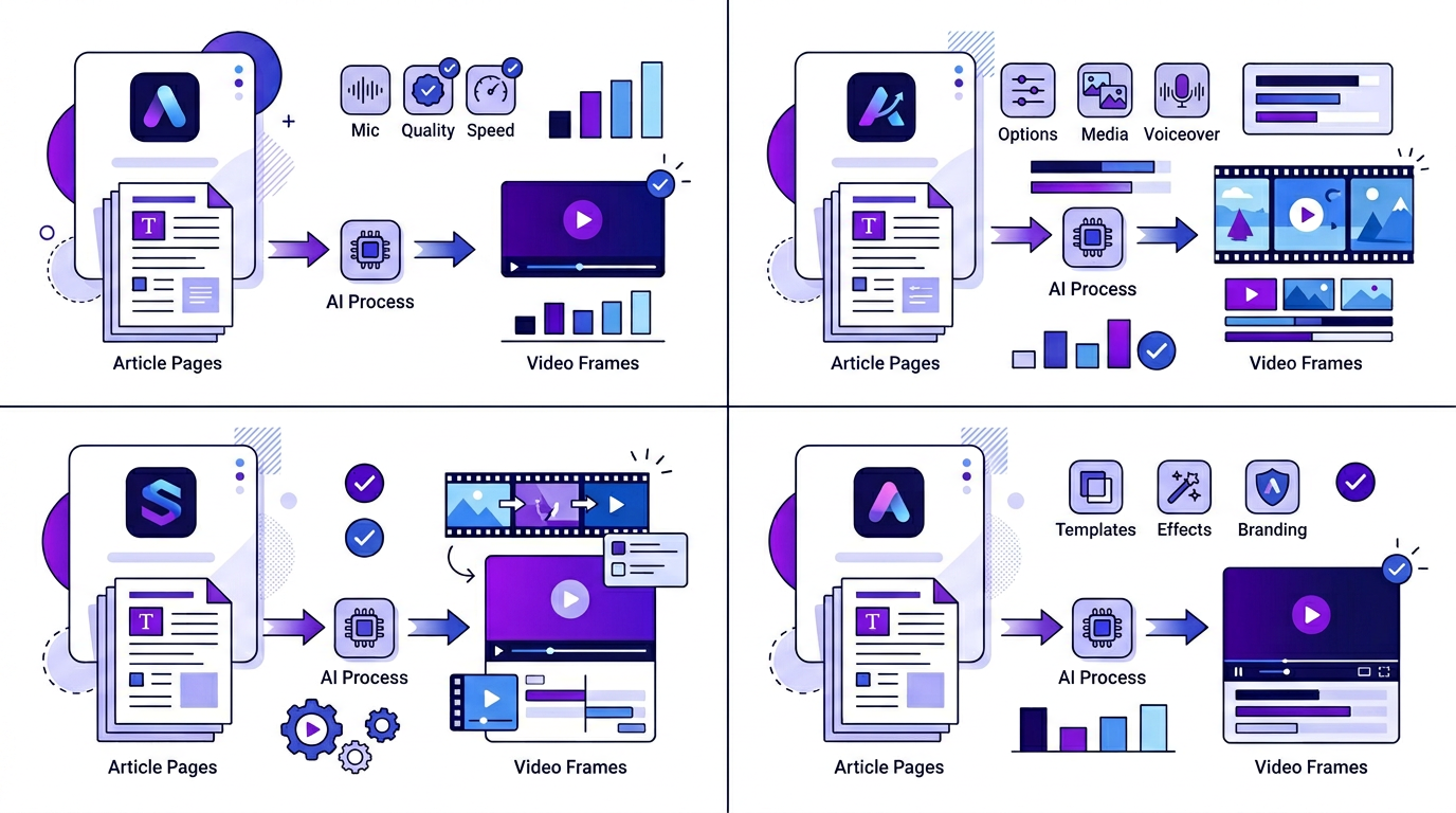 Side-by-side comparison of blog-to-video tools showing different approaches to converting written content into video.