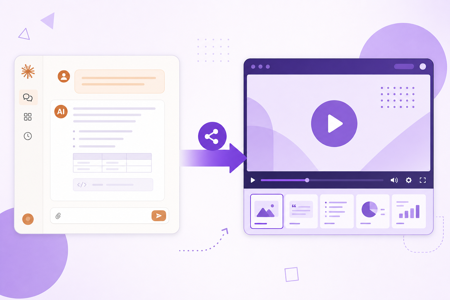 A Claude AI chat conversation being transformed into a polished explainer video with structured slides.