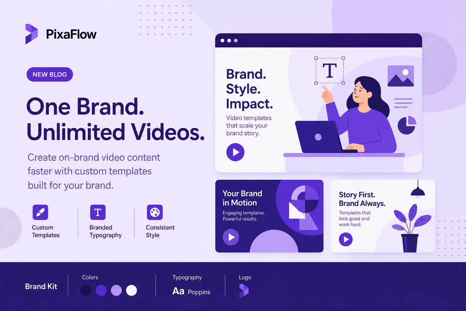 A brand kit with custom colors, fonts, and logo applied to a video template inside Article Video Studio.