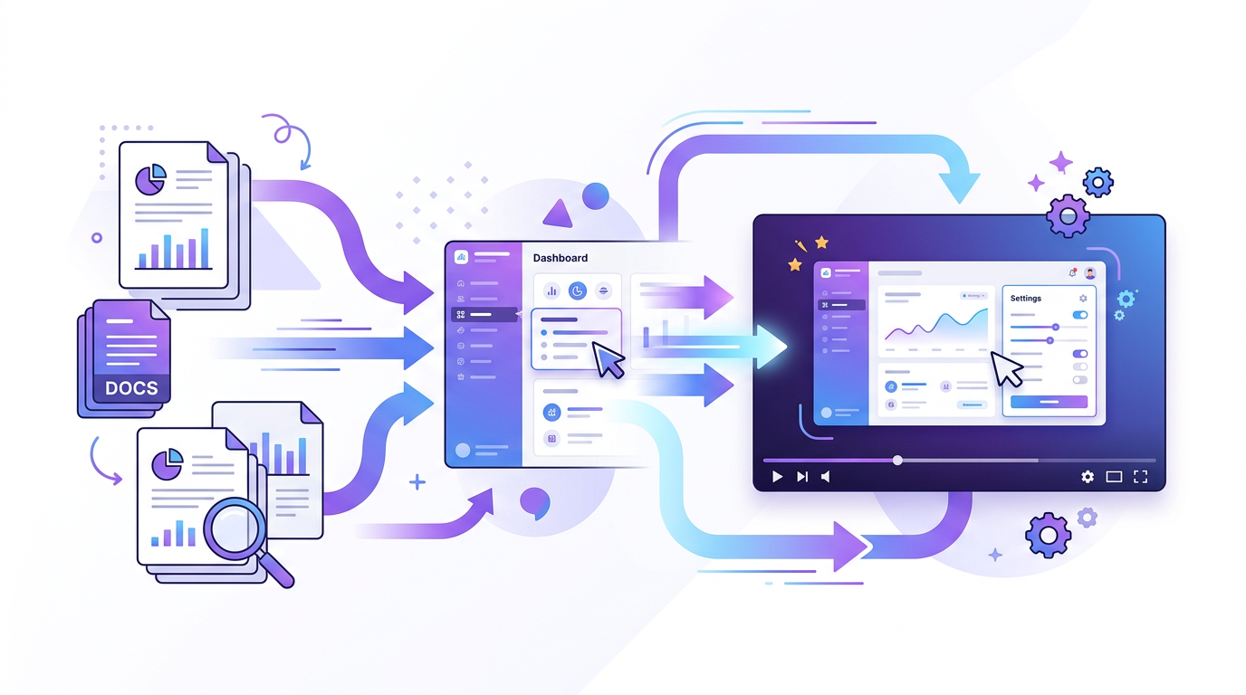 Editorial illustration of developer documentation, API guides, and release notes turning into a structured product video for technical audiences.