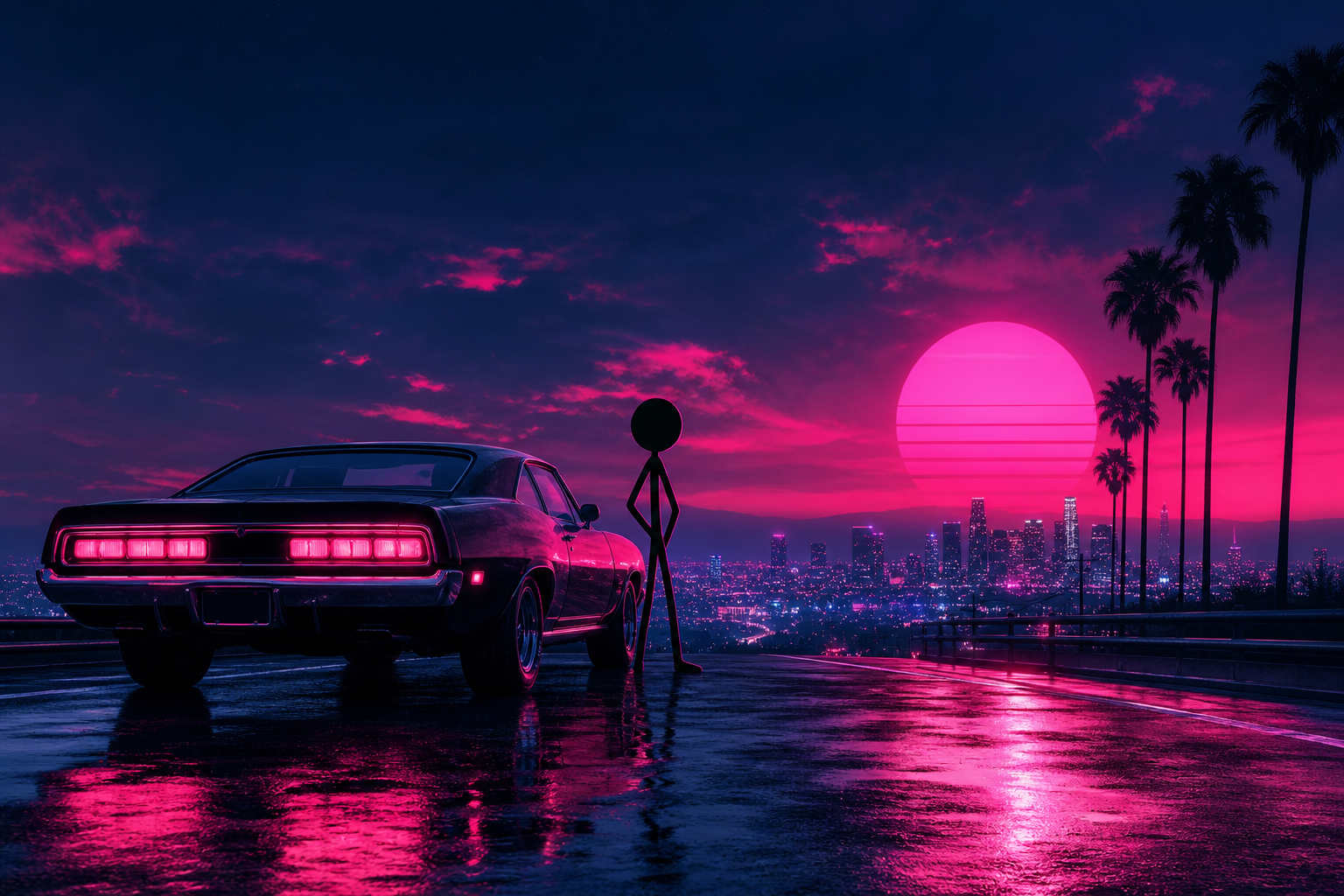 An homage to the opening titles of Drive (2011), rebuilt as a synthwave stickman short — a neon-rimmed muscle car, hot-pink brush-script titles, and one line of dialogue. The shortest film in our series, and all of it is code.