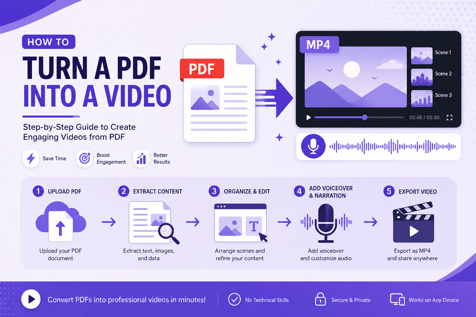 Step-by-step workflow turning a PDF into a publishable MP4 video.