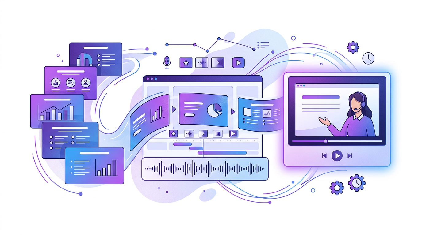 Editorial illustration of articles, PDFs, and documents flowing into an AI-generated PowerPoint deck and slide export workflow.