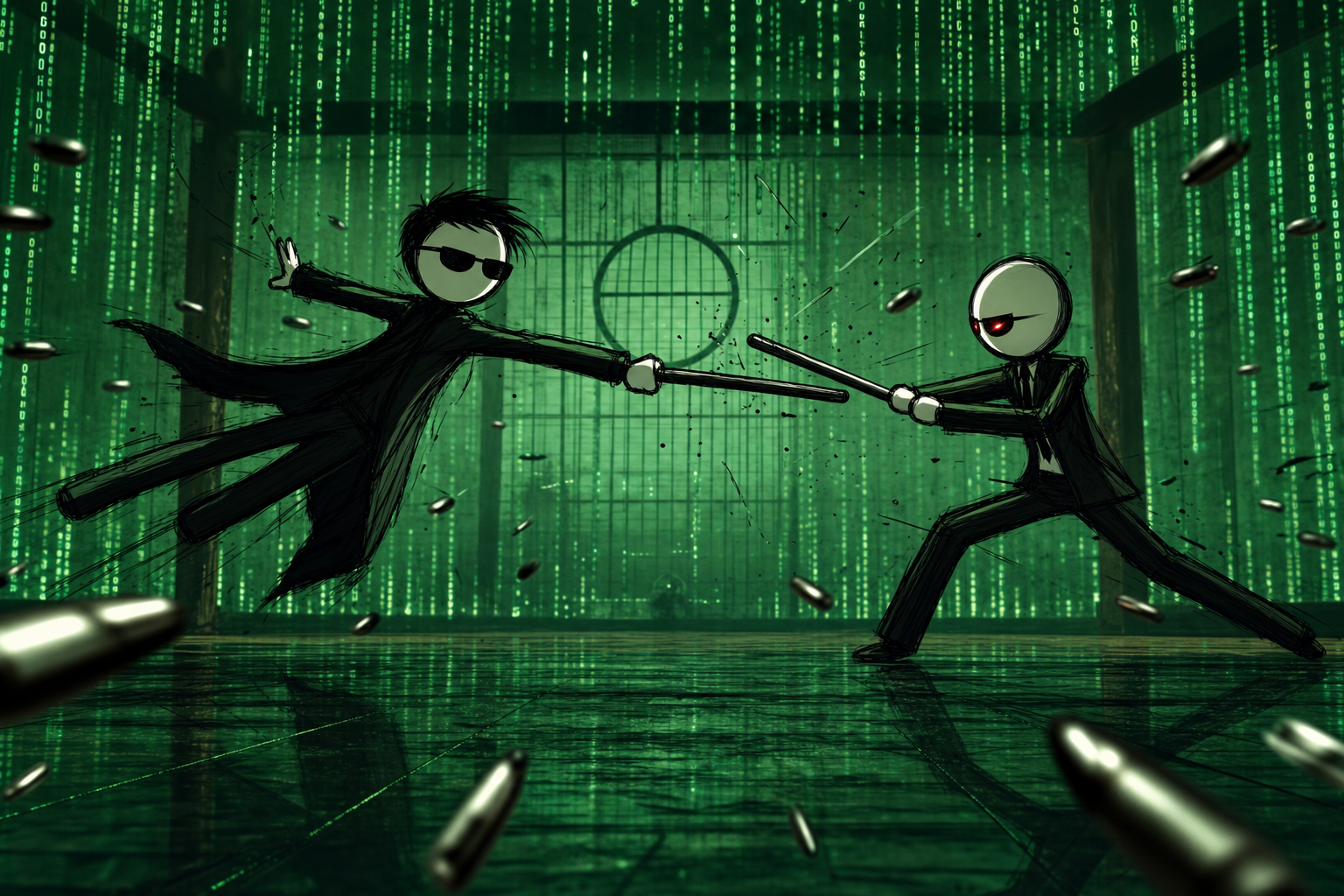 Why, Mister Anderson? Because my content is worth it. We built a full Matrix-style stickman fight — Neo against a red-eyed agent of AI slop, hand-to-hand, bullet-time and all — with voices designed from scratch in ElevenLabs.