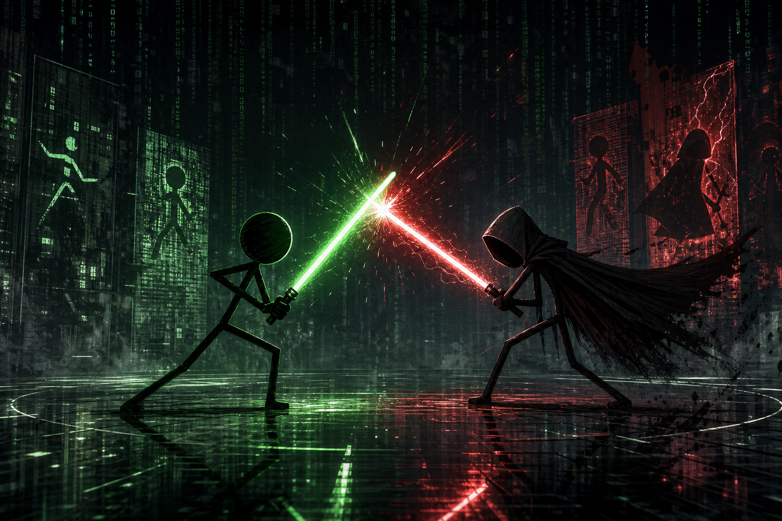 Green versus red. Craft versus slop. We crossed our Matrix and Star Wars films into one stickman saber duel — Neo against a Sith embodiment of AI slop — and let the fight lead before the message lands.