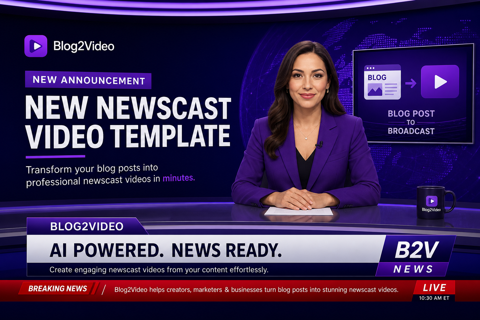 A Article Video Studio Newscast template scene showing a deep navy background, crimson accent, ticker bar, and anchor-style lower third.