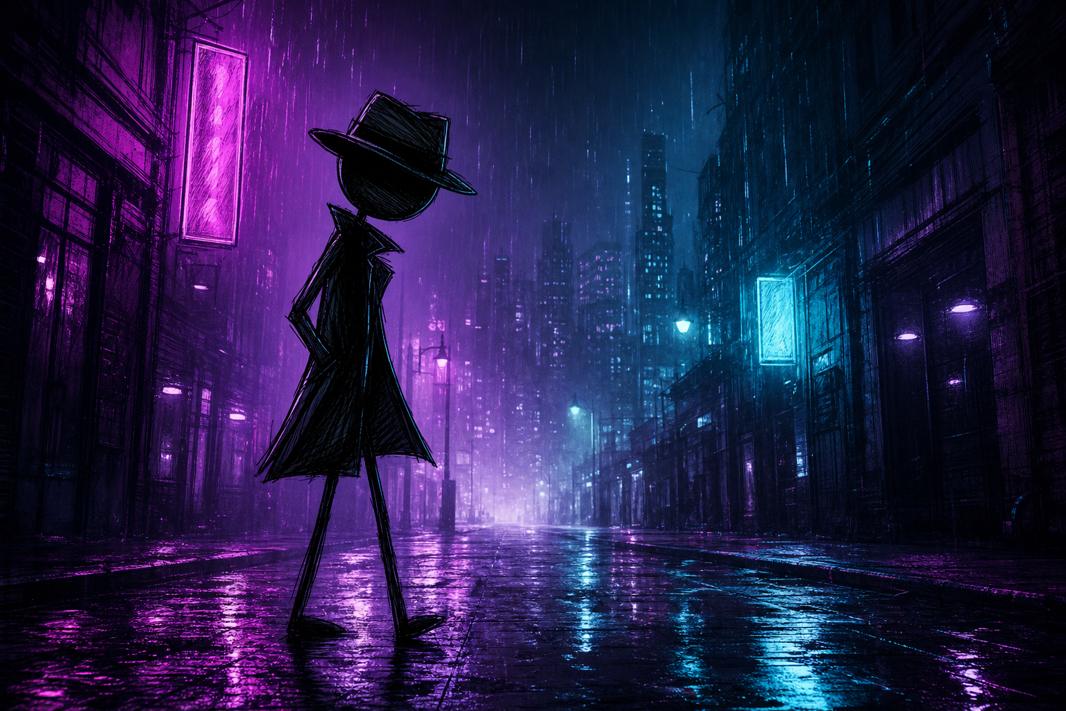One shot. Your videos. A calm stickman in a trench coat and fedora meets a knife-juggling burglar on a rain-slick street — and ends it with a single bullet. A neon-noir short about why you don't need ten takes.