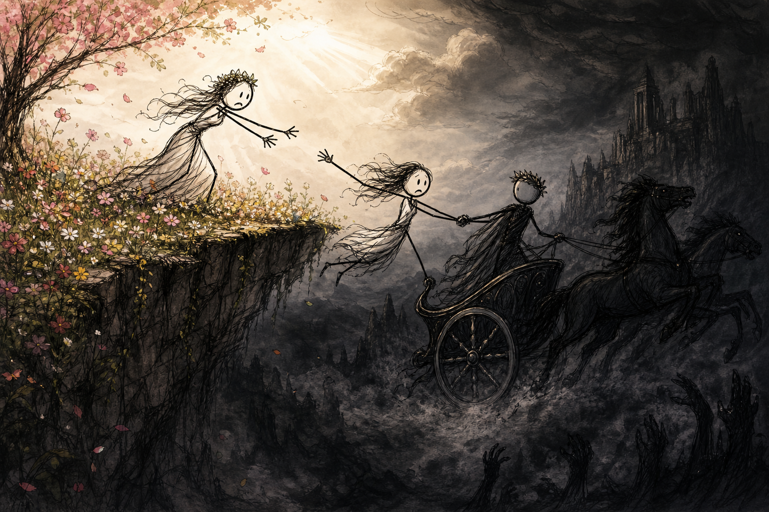 How we retold the 3,000-year-old Greek myth of Persephone and Demeter — abduction, famine, and the birth of the seasons — with stick figures in a single React/Remotion composition, in under 2 minutes.
