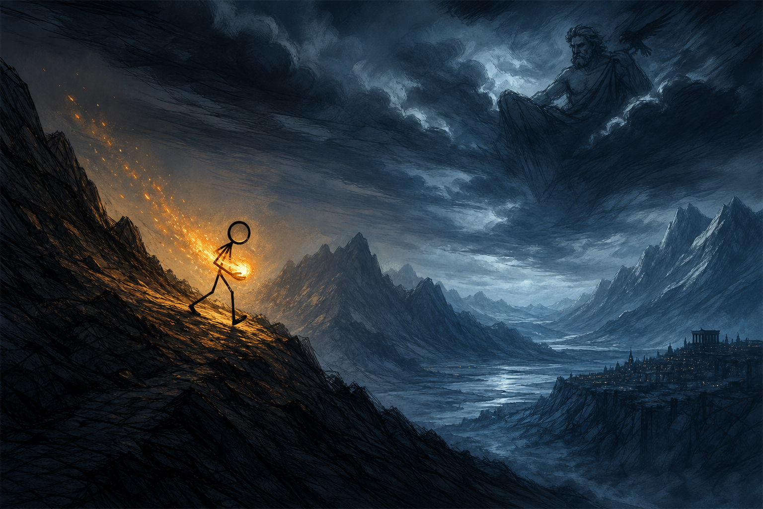No chain ever forged could take the fire back. We told the myth of Prometheus as a narrated stickman short — eight crossfaded shots, a valley lighting up fire by fire, and a Titan who smiles in his chains. Here's how we built it.