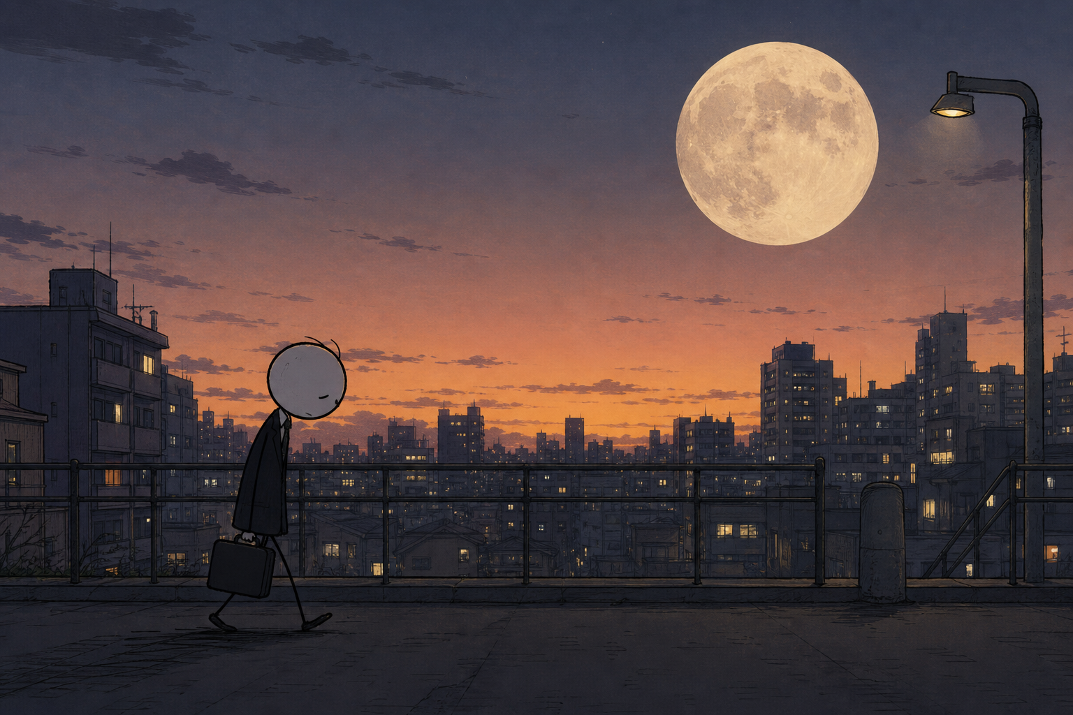 Your day, worth a story. A tired salaryman trudges home, rides to the rooftop, and lets out one long sigh under a huge moon. A completely silent stickman short — proof the format can do mood, not just jokes.