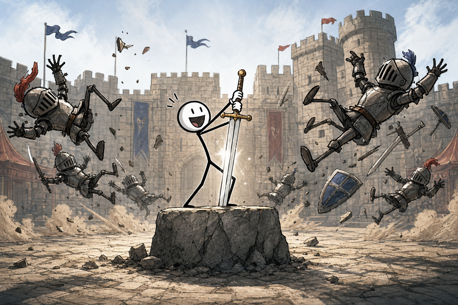 How (not) to lift a sword. We told the Excalibur legend as a comic stickman short — boastful knights flying backwards, a skinny squire pulling it free like a stick from mud, and one engineering trick that makes every heave read as real contact.